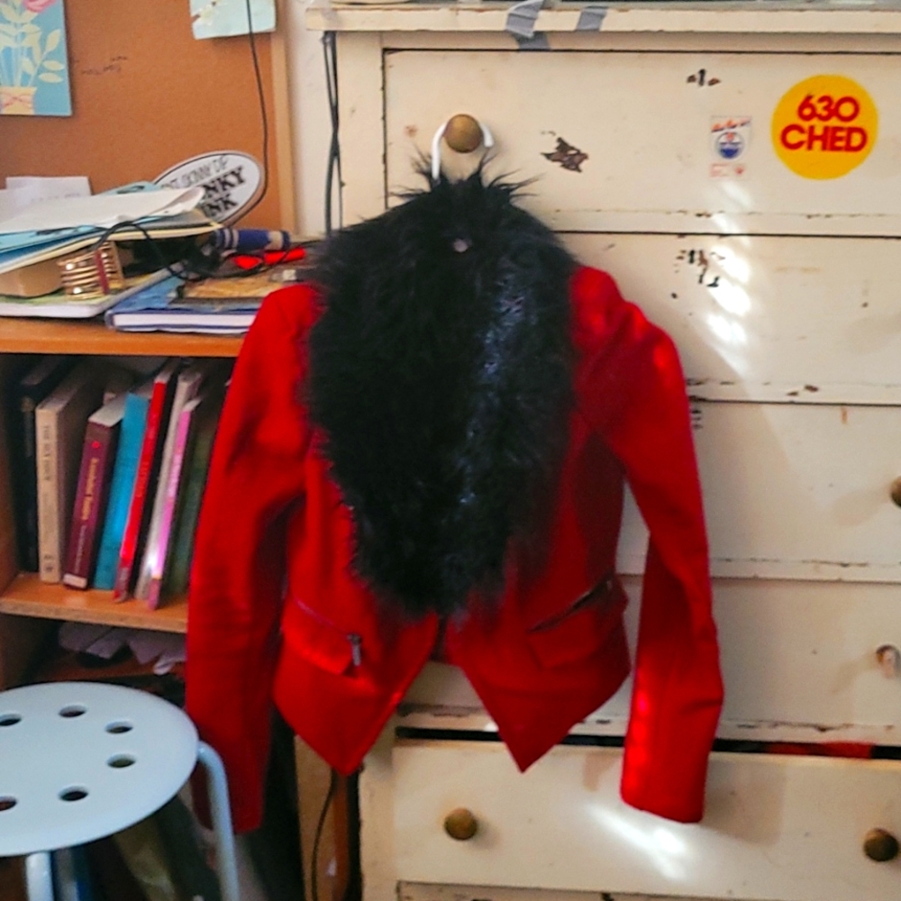 Bebe red and black faux fur trimmed light jacket